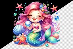 Watercolor cute mermaid smile holding pearl starfish and seashells print 20 oz tumbler skinny mug wrap clipart t-shirt sublimation printable design