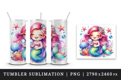 Watercolor cute mermaid smile holding pearl starfish and seashells print 20 oz tumbler skinny mug wrap clipart t-shirt sublimation printable design
