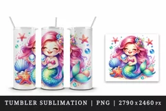 Watercolor cute mermaid smile holding pearl starfish and seashells print 20 oz tumbler skinny mug wrap clipart t-shirt sublimation printable design