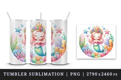 Watercolor cute mermaid with crown swimming among colorful sea stars print 20 oz tumbler skinny mug wrap clipart t-shirt sublimation printable design