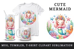 Watercolor cute mermaid with crown swimming among colorful sea stars print 20 oz tumbler skinny mug wrap clipart t-shirt sublimation printable design