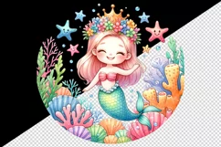 Watercolor cute mermaid with crown swimming among colorful sea stars print 20 oz tumbler skinny mug wrap clipart t-shirt sublimation printable design