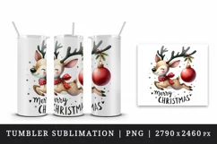 Watercolor cute mischievous reindeer ornament Merry Christmas quote print 20 oz tumbler skinny mug wrap clipart t-shirt sublimation printable design