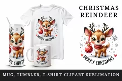 Watercolor cute mischievous reindeer ornament Merry Christmas quote print 20 oz tumbler skinny mug wrap clipart t-shirt sublimation printable design