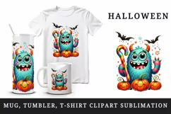 Watercolor cute monster holding candy cane pumpkins Halloween print 20 oz tumbler skinny mug wrap clipart t-shirt sublimation printable design