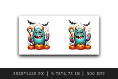 Watercolor cute monster holding candy cane pumpkins Halloween print 20 oz tumbler skinny mug wrap clipart t-shirt sublimation printable design