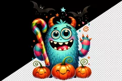 Watercolor cute monster holding candy cane pumpkins Halloween print 20 oz tumbler skinny mug wrap clipart t-shirt sublimation printable design