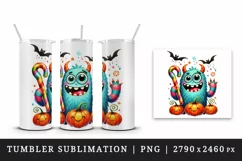 Watercolor cute monster holding candy cane pumpkins Halloween print 20 oz tumbler skinny mug wrap clipart t-shirt sublimation printable design