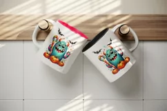 Watercolor cute monster holding candy cane pumpkins Halloween print 20 oz tumbler skinny mug wrap clipart t-shirt sublimation printable design