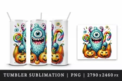Watercolor cute monster holding candy cane surrounded by pumpkins Halloween print tumbler skinny mug wrap clipart t-shirt sublimation printable design