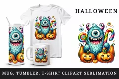 Watercolor cute monster holding candy cane surrounded by pumpkins Halloween print tumbler skinny mug wrap clipart t-shirt sublimation printable design