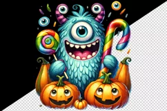 Watercolor cute monster holding candy cane surrounded by pumpkins Halloween print tumbler skinny mug wrap clipart t-shirt sublimation printable design