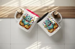 Watercolor cute monster holding candy cane surrounded by pumpkins Halloween print tumbler skinny mug wrap clipart t-shirt sublimation printable design