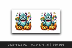 Watercolor cute monster holding candy cane surrounded by pumpkins Halloween print tumbler skinny mug wrap clipart t-shirt sublimation printable design