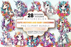 Watercolor Cute Mother and Baby Unicorns Clipart Bundle Product Image 1