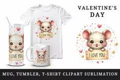 Watercolor cute mouse sparkle hearts I Love You quote Valentine Day print 20 oz tumbler skinny mug wrap clipart t-shirt sublimation printable design