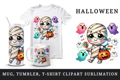 Watercolor cute mummy colorful trick-or-treat bag ghosts Halloween circular print tumbler skinny mug wrap clipart t-shirt sublimation printable design