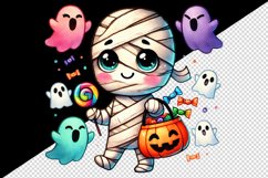 Watercolor cute mummy colorful trick-or-treat bag ghosts Halloween circular print tumbler skinny mug wrap clipart t-shirt sublimation printable design