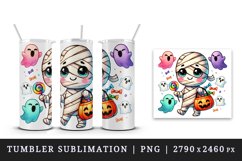 Watercolor cute mummy colorful trick-or-treat bag ghosts Halloween circular print tumbler skinny mug wrap clipart t-shirt sublimation printable design