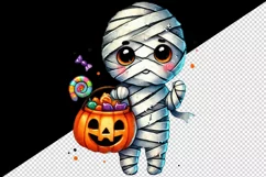 Watercolor cute mummy colorful trick-or-treat bag pumpkin Halloween print 20 oz tumbler skinny mug wrap clipart t-shirt sublimation printable design