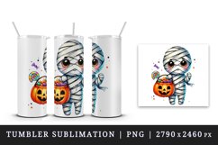 Watercolor cute mummy colorful trick-or-treat bag pumpkin Halloween print 20 oz tumbler skinny mug wrap clipart t-shirt sublimation printable design