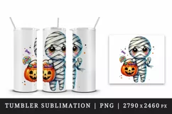 Watercolor cute mummy colorful trick-or-treat bag pumpkin Halloween print 20 oz tumbler skinny mug wrap clipart t-shirt sublimation printable design