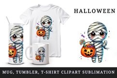 Watercolor cute mummy colorful trick-or-treat bag pumpkin Halloween print 20 oz tumbler skinny mug wrap clipart t-shirt sublimation printable design