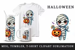 Watercolor cute mummy colorful trick-or-treat bag pumpkin Halloween print 20 oz tumbler skinny mug wrap clipart t-shirt sublimation printable design