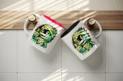 Watercolor cute mummy giving thumbs up neon yellow bandages Halloween print 20 oz tumbler skinny mug wrap clipart t-shirt sublimation printable design