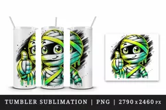 Watercolor cute mummy giving thumbs up neon yellow bandages Halloween print 20 oz tumbler skinny mug wrap clipart t-shirt sublimation printable design