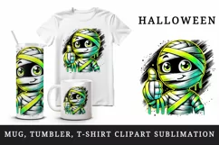 Watercolor cute mummy giving thumbs up neon yellow bandages Halloween print 20 oz tumbler skinny mug wrap clipart t-shirt sublimation printable design