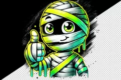 Watercolor cute mummy giving thumbs up neon yellow bandages Halloween print 20 oz tumbler skinny mug wrap clipart t-shirt sublimation printable design