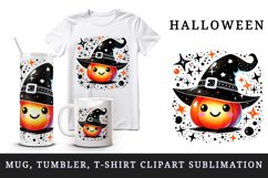 Watercolor cute neon orange jack o lantern pumpkin witch hat Halloween print tumbler skinny mug wrap clipart t-shirt sublimation printable design