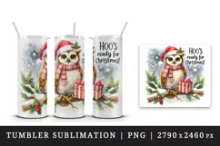 Watercolor cute owl branch Santa hat Hoo Ready for Christmas quote print 20 oz tumbler skinny mug wrap clipart t-shirt sublimation printable design