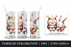 Watercolor cute owl bunny rabbit heart love Happy Valentine Day print 20 oz tumbler skinny mug wrap clipart t-shirt sublimation printable design