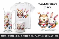 Watercolor cute owl bunny rabbit heart love Happy Valentine Day print 20 oz tumbler skinny mug wrap clipart t-shirt sublimation printable design