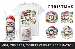 Watercolor cute owl hat lights Merry Christmas quote New Year winter print 20 oz tumbler skinny mug wrap clipart t-shirt sublimation printable design