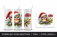 Watercolor cute owl hat lights Merry Christmas quote New Year winter print 20 oz tumbler skinny mug wrap clipart t-shirt sublimation printable design