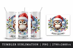 Watercolor cute owl hat lights Merry Christmas quote New Year winter print 20 oz tumbler skinny mug wrap clipart t-shirt sublimation printable design