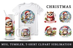 Watercolor cute owl hat lights Merry Christmas quote New Year winter print 20 oz tumbler skinny mug wrap clipart t-shirt sublimation printable design