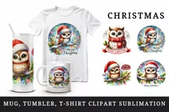 Watercolor cute owl hat lights Merry Christmas quote New Year winter print 20 oz tumbler skinny mug wrap clipart t-shirt sublimation printable design