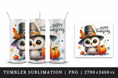 Watercolor cute owl hat pumpkins fall leaves Happy Thanksgiving quote print 20 oz tumbler skinny mug wrap clipart t-shirt sublimation printable design