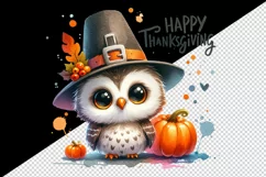Watercolor cute owl hat pumpkins fall leaves Happy Thanksgiving quote print 20 oz tumbler skinny mug wrap clipart t-shirt sublimation printable design