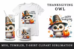 Watercolor cute owl hat pumpkins fall leaves Happy Thanksgiving quote print 20 oz tumbler skinny mug wrap clipart t-shirt sublimation printable design