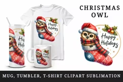 Watercolor cute owl hat stocking Happy Holidays Christmas greeting quote print tumbler skinny mug wrap clipart t-shirt sublimation printable design