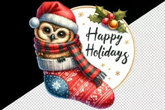 Watercolor cute owl hat stocking Happy Holidays Christmas greeting quote print tumbler skinny mug wrap clipart t-shirt sublimation printable design