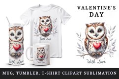 Watercolor cute owl heart branche With Love Valentine Day quote print 20 oz tumbler skinny mug wrap clipart t-shirt sublimation printable design