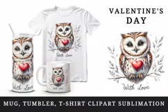 Watercolor cute owl heart branche With Love Valentine Day quote print 20 oz tumbler skinny mug wrap clipart t-shirt sublimation printable design