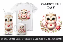 Watercolor cute owl heart on branche Love Valentine Day print 20 oz tumbler skinny mug wrap clipart t-shirt sublimation printable design