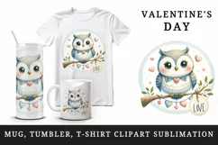 Watercolor cute owl heart on branche Love Valentine Day quote print 20 oz tumbler skinny mug wrap clipart t-shirt sublimation printable design